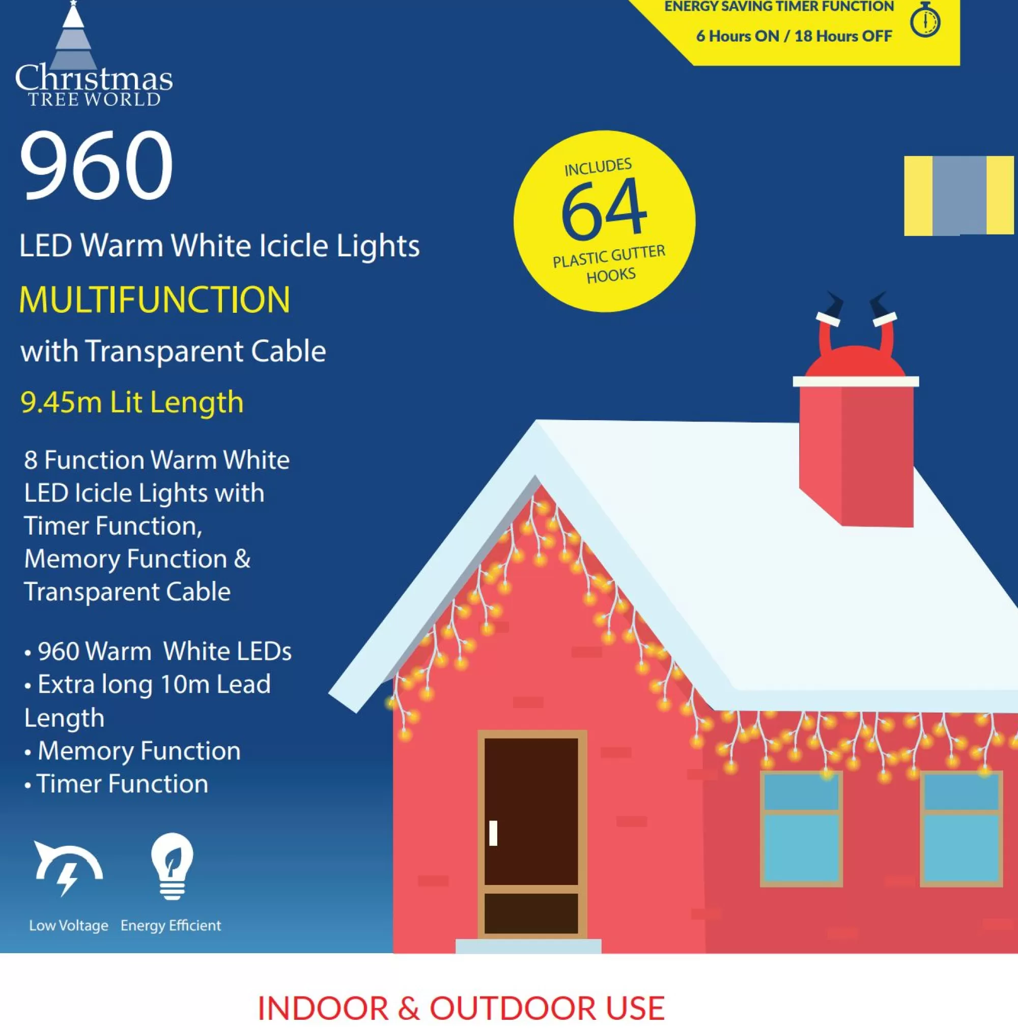 Store Christmas Tree World Ctw Clear Cable 960 Led Snowing Icicle Light Set - Warm White W/ 64 Gutter Hooks